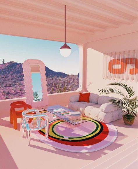 STUDIO27° on Instagram: “Desert bungalow aesthetics 🍑featuring the Ultrafragola Mirror by #EttoreSottsass & the #MarioBellini Camaleonda sofa. Vía @ohgodram ✨…” Funky Living Rooms, Retro Interior Design, Retro Interior, Aesthetic Rooms, Design Del Prodotto, Dream Spaces, Room Inspiration Bedroom, Room Ideas Bedroom, Aesthetic Bedroom