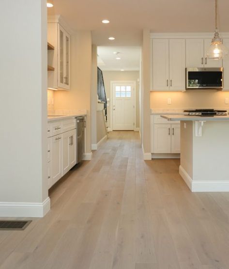 Neutral Floors And Walls, Wood Floor With White Cabinets, White Oak Floors With Cream Walls, Basement Light Flooring, Simple Flooring Ideas, Kitchen Ideas Light Floors, Living Room Designs Light Floor, Lvp Light Wood Floors, Wooden Flooring For Kitchen