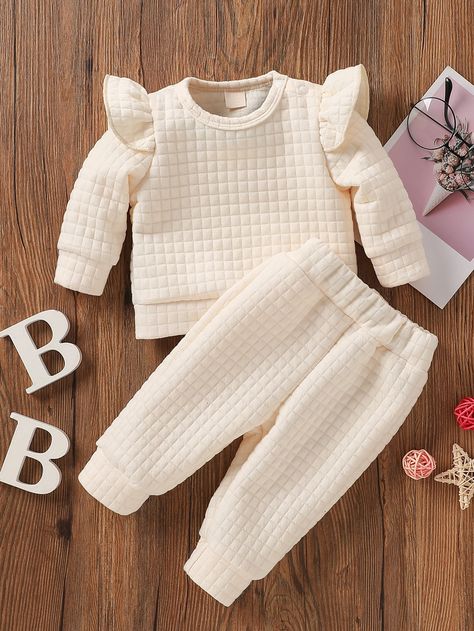 Beige Cute  Long Sleeve Cotton Plain  Embellished Slight Stretch Spring/Fall Baby Clothing Elegant Beige Eid Sets, Beige Printed Sets For Eid, Cream Long Sleeve Baptism Set, Disney Outfits Girls, Baby Lounge Sets, White Winter Playwear For Babies, Baby Girl Clothes Winter, Quilted Sweatshirt, Baby Fashionista