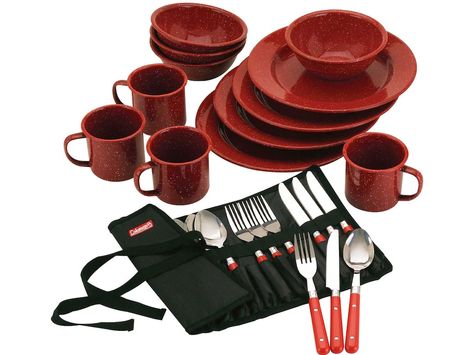 Mess Kit Camping, Red Dinnerware Set, Camping Dinner, Dishware Sets, Dinner Ware, Enamel Dishes, Portable Stove, Outdoor Dinnerware, Cooking Set