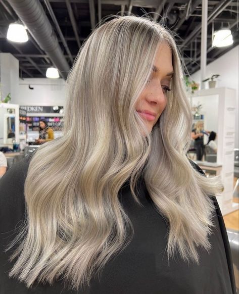 Low Light Ash Blonde, Blended Ashy Blonde, Muted Ash Blonde Hair, Icy Blonde Hair Brown Eyes, White Ashy Blonde Hair, Ashy Blonde Long Hair, Ashy Blonde Vs Warm Blonde, Dimensional Ash Blonde Balayage, Ash Blonde Balayage With Highlights