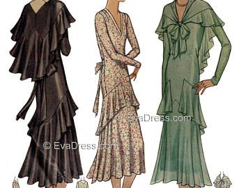 Evadress | Etsy 1930 Dress, 1930's Dresses, Basic Dress Pattern, 1930 Fashion, Dress Cape, Cape Pattern, Deco Dress, 1930s Dress, Edwardian Dress