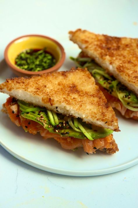 Erewhon Sushi Sandwich  - Food My Muse Erewhon Sushi Sandwich, Erewhon Sandwich, Coconut Appetizers, Erewhon Recipes, Prawn Sandwich, Spicy Salmon Recipes, Salmon Sandwich Recipes, Fried Sushi, Sushi Salad