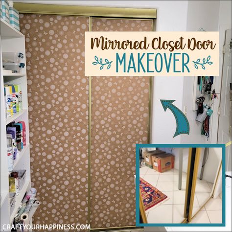 How to Cover Closet Door Mirrors Easily! Cover Closet Mirror Doors, Diy Mirror Door Closets, Ideas To Cover Mirror Closet Doors, Sliding Mirror Door Makeover, Mirrored Doors Makeover, How To Cover Mirror Closet Doors, Covering Mirrored Closet Doors, Glass Closet Doors Makeover, Cover Mirror Closet Doors