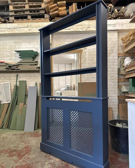 Bookcase radiator covers 🩶🤍 Glasgow Apartment, Hall Ways Ideas, Custom Radiator Covers, Industrial Sideboard, Stiffkey Blue, Radiator Covers, Beer Fridge, Diy House Renovations, Drinks Cabinet