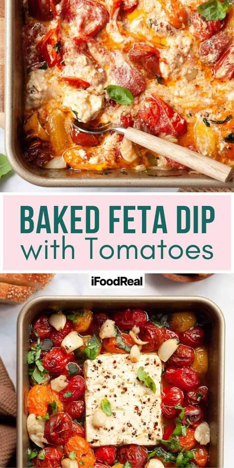 Creamy Baked Feta Dip with tomatoes, garlic, and fresh basil is a simple appetizer perfect for serving with crackers or crusty bread. Feta Dip With Tomatoes, Dip With Tomatoes, Baked Feta Dip, Cherry Tomato Appetizers, Baked Feta Recipe, Feta Cheese Dip, Tomato Appetizers, Roasted Grape Tomatoes, Mediterranean Appetizers