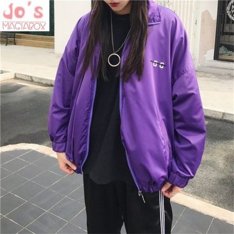 Purple Jacket Outfit, Zipper Placket, Color Aesthetic, Harajuku Fashion Street, Cardigan Kimono, Purple L, Striped Wide Leg Pants, Purple Outfits, Purple Jacket