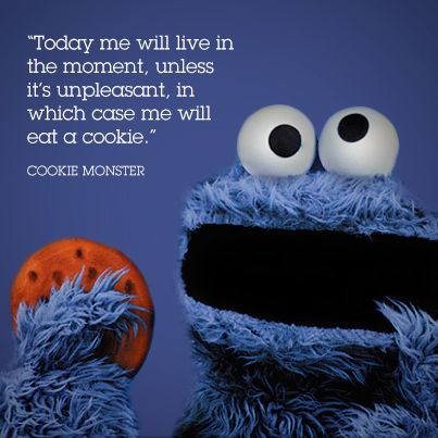 Great advice from Cookie Monster himself: " Today me will live in the moment, unless it's unpleasant , in which case me will eat a cookie." Cookie Monster Funny, Cookie Monster Quotes, Monster Quotes, Cookie Quotes, Mom Life Funny, Xmas Funny, Blue Cookies, Awesome Sauce, Women Photography