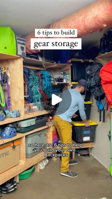 Zoe Peterson & Kelby Jecker | Adventure Lovers on Instagram: "The best thing we’ve ever done for organization 👇🏼  Save this for future reference!  Our gear storage wall (garage) took us about a year to complete once we moved into our place (but not because it’s difficult, just because we were busy 😂). And it honestly didn’t cost a ton! Kelby build the whole thing out of 2x4s and plywood, and the most expensive part was the hooks and hangars  Here are some things we would recommend if you want to build your own:  1. Hang backpacks on clothing hangars and build a dowel or rod to hang them on  2. Get smaller boxes for small items. We have a box for first aid, water filtration, light/headlamps and food/utensils/reusable bags. We got these boxes from Costco!  3. These @steadyrack bike racks Gear Room Storage, Gear Room Organization Small Spaces, Garage Gear Storage, Winter Gear Storage Ideas, Hunting Gear Storage Ideas, Hiking Gear Storage Wall, Hiking Gear Peg Board, Pegboard Camping Gear Storage, Winter Gear Storage