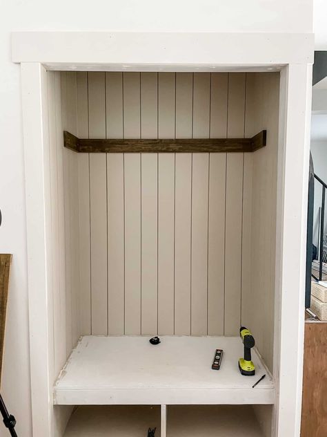 DIY Mudroom Closet Makeover Mudroom Closet Makeover, Foyer Closet, Mudroom Closet, Entry Closet, Diy Mudroom, Entryway Closet, Shiplap Wall Diy, Hidden Shelf, Plywood Thickness