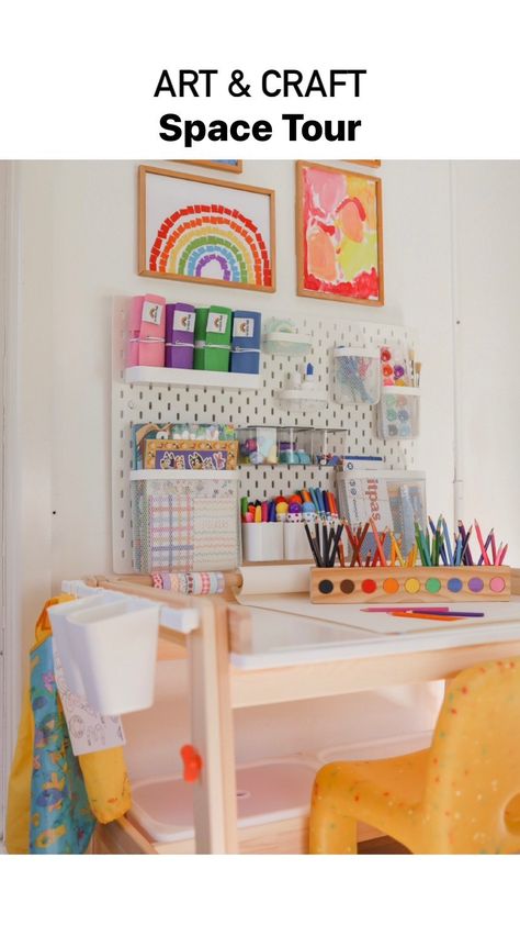 Art & Craft Desk Tour! 🖍️ You asked for it and here it is! A look around our art & craft space 🖼️ We’ve had the desk and pegboard set up… | Instagram Ikea Art Station For Kids Playroom, Desk Area In Playroom, Preschool Art Station Set Up, Art Station In Bedroom, Ikea Trofast Art Table, Art Desk Toddler, Kids Art Area Small Spaces, Arts And Crafts Playroom, Ikea Kids Craft Area