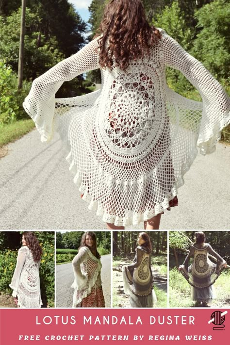 Amazing stunning crochet coat like a poncho, lovely bohemian lace duster jacket, available for free. This coat can be fit to any size. Perfect for the warm season, combine with long dress. Enjoy! The link to the full article is below. DESIGNED by Regina Weiss SKILL LEVEL easy Free Pattern Lotus Duster FOLLOW US ON PINTEREST Crochet Clothes Boho Free Pattern, Bohemian Crochet Patterns Free, Crochet Long Coat Pattern Free, Crochet Lace Blanket Free Pattern, Mandala Sweater Crochet Pattern, Crochet Duster Outfit, Crochet Long Vests Free Pattern, Easy Crochet Dress Pattern Free, Crochet Kimono Pattern Free