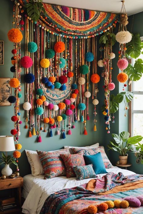 Pom Pom Decor Ideas, Boho Diy Decor, Hippie Boho Bedroom, Hippy Decor, Colorful Boho Bedroom, Hippie Crafts, Hippie Bedroom, Boho Bedroom Ideas, Bohemian Furniture