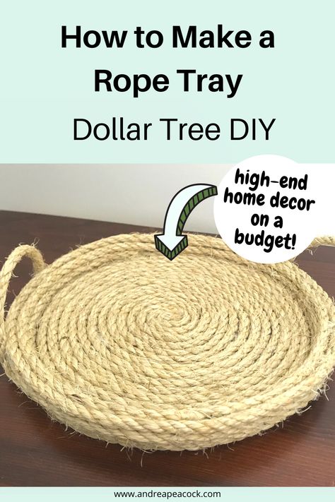 How To Make Trays Diy Projects, Dollar Tree Tray Ideas, Rope Crafts Diy How To Make, Dollar Tree Diy Crafts Decorative Trays, Coastal Dollar Tree Diy, Diy Macrame Hanging Tray, Boho Tray Decor, Jute Tray Diy, Diy Tray Ideas