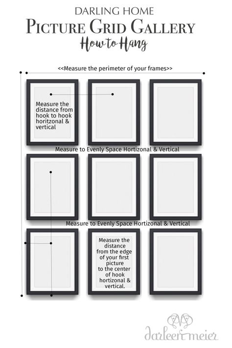 Picture Wall Measurements, How To Easily Hang A Gallery Wall, Grid Gallery Wall, Hanging Multiple Pictures, Gallery Wall Grid, Gallery Wall Spacing, Hang A Picture, Photo Wall Display, Picture Gallery Wall