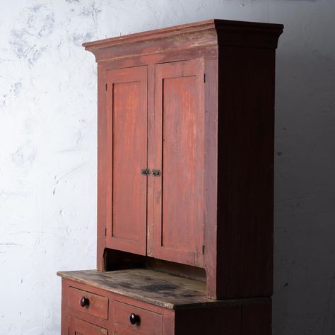 Painted Cupboard, 19th Century | Chairish Primitive Stepback Cupboards, Early American Home Decor, Farmhouse Cupboards, Primitive Homes Interiors, Primitive Wall Cabinets, Stepback Cupboard, Primitive Hutch, Primitive Cabinet, Distressed Kitchen Cabinets