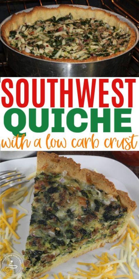 This Southwestern Quiche has a low carb crust and each serving is only 4 net carbs. It is packed with meat, spinach and cheese for a delicious breakfast. #quiche #lowcarb #breakfastrecipe via @sweeterbydesign Quiche Breakfast Recipes, Southwestern Quiche, Southwest Quiche, Low Carb Crust, Low Carb Quiche, Breakfast Quiche Recipes, Bacon Fries, Spinach Quiche, Breakfast Quiche