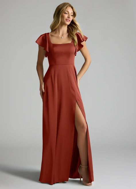 Azazie Bondi Auburn Bridesmaid Dresses | Azazie Terracotta Bridesmaid Dresses, Fall Bridesmaid Dress Colors, November Wedding Guest Outfits, Terracotta Bridesmaid Dress, Terracotta Bridesmaid, Fall Bridesmaid, Gorgeous Bridesmaid Dresses, Fall Bridesmaids, Stretch Satin Dress