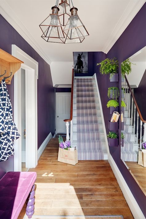 Ooh er! Do you make any of these interior design mistakes? http://www.sophierobinson.co.uk/13-interior-design-crimes-avoid/?utm_content=bufferd388f&utm_medium=social&utm_source=pinterest.com&utm_campaign=buffer Sophie Robinson ! #interiordesign Purple Hallway, Violet Interior, Purple Interior Design, Violet Wall, Hallway Colours, Interior Studio, Purple Interior, Hallway Designs, Hallway Design