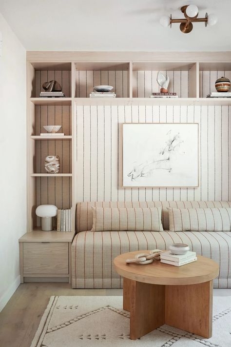 Minimalist Office Design, Shallow Cabinets, Oak Bookshelves, Woven Wood Shades, California Closets, Office Guest Room, House Aesthetic, Bookshelf Design, Minimalist Office