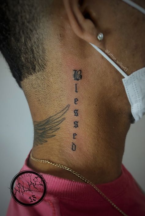 Blessed Tattoo For Men Neck, Tattoo Styles For Men, Men Neck Tattoo Ideas, Behind Ear Tattoo Men, Men Neck Tattoo, Neck Tattoo Ideas For Men, Neck Tattoos For Men, Lion Chest Tattoo, Cross With Wings Tattoo