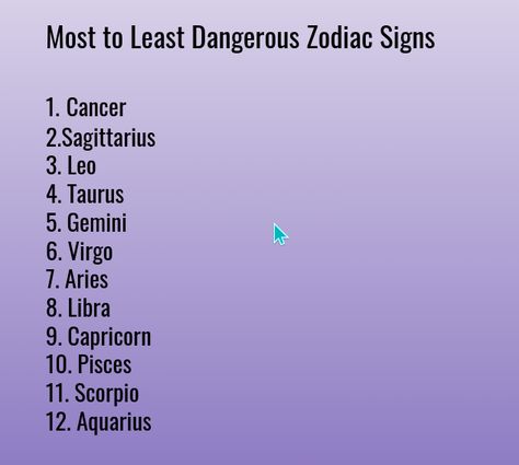 Most and Least Dangerous zodiac signs (Top/1 is most) (Bottom/12 is least) Most Dangerous Zodiac Sign, Dangerous Zodiac Signs, Zodiac Signs, Signs, Memes, Quick Saves