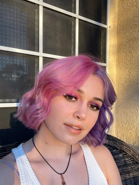 Hair , Split dye, pink, purple, curly , short hair Half Pink Half Purple Hair Pastel, Pink And Purple Dyed Hair, Colorful Split Dye, Pink And Purple Split Dye Short Hair, Pastel Split Dye, Pink And Purple Split Dye, Split Dye Ideas, Pastel Pink And Purple Hair, Purple Split Dye