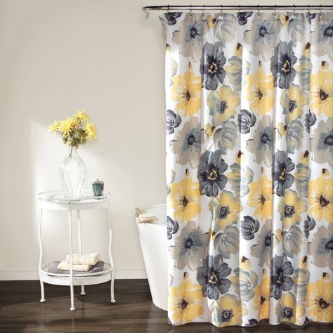 Bathroom Flowers, Yellow Shower Curtains, Gray Shower Curtains, Lush Decor, Decor Baie, Yellow Bathrooms, Floral Shower Curtains, Curtain Bathroom, Apartment Bathroom