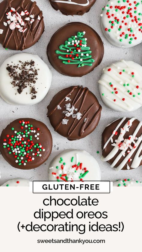 These easy (gluten-free!) chocolate covered Oreos are a fun no-bake holiday treat everyone LOVES! (Don't miss all our cute decorating ideas!) These easy chocolate dipped Oreos make such a cute addition to holiday treat plates or cookie exchanges. They're the perfect EASY holiday recipe to try this year! Holiday Dipped Oreos, Holiday Chocolate Covered Oreos, Covered Oreos How To Make, Oreo Christmas Cookies, Vegan Oreos, Gluten Free Oreos, Chocolate Chip Dip, Oreo Cookies Dipped, Gluten Free Candy