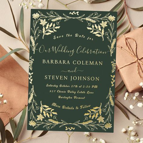 Elegant Chic Boho Forest Green Typography Wedding Wedding Invitations Forest, Chic Boho Wedding, Emerald Green Wedding Theme, Green Typography, Typography Wedding, Green Themed Wedding, Emerald Green Weddings, Elegant Bridal Shower, Green Wedding Invitations