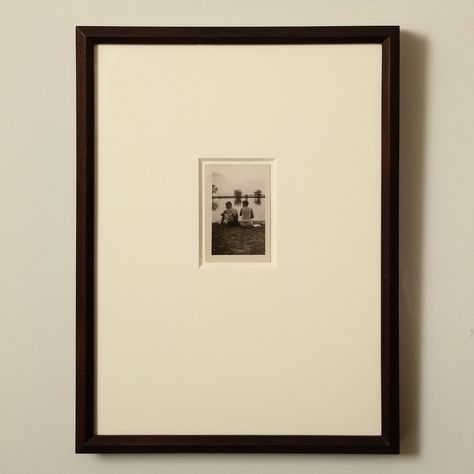 Vintage photograph of two swimmers sitting lakeside circa 1930. Archivally framed in an 8-ply natural white mat with mahogany stained walnut frame. 12-1/2" W x 16-6/8" H x 1-1/4" D A custom shipping quote will be provided by email. Photography Frame, Frames Polaroid, Vintage Framed Photos, Vintage Modern Art, Framed Pictures On Wall Bedroom, Frame Design Aesthetic, Modern Art In Vintage Frame, Double Matted Frames, Aesthetic Picture Frame