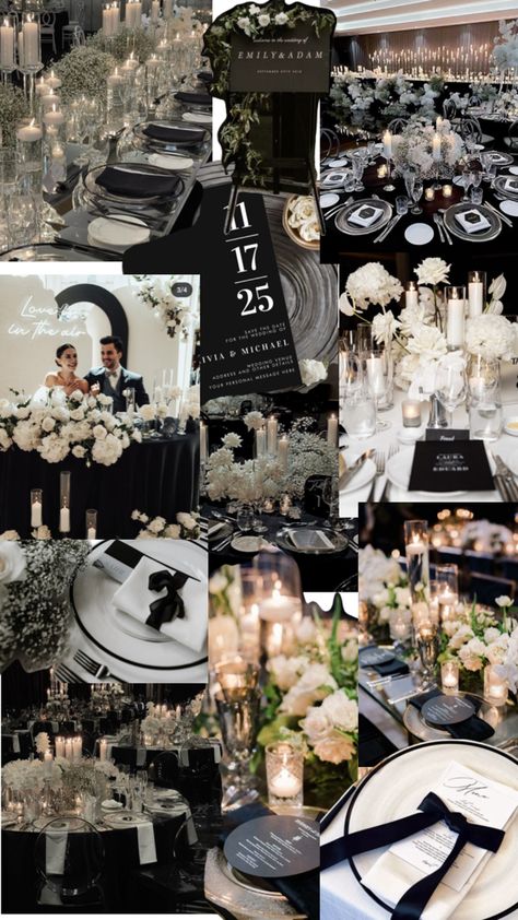 Black Wedding Mood Board, Black Silver White Wedding, Couples Table Wedding Receptions, Black And White Small Wedding, 007 Wedding Theme, Old Money Wedding Table, Mobster Wedding Ideas, Old Money Wedding Table Decor, Black Color Wedding Theme