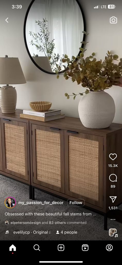 Sideboards Living Room Inspiration, Oak Storage Cabinet, Natural Wood Sideboard, Wood Sideboard Buffet, Rattan Texture, Rattan Storage Cabinet, Credenza Decor, Sideboard Styles, Rustic Sideboard