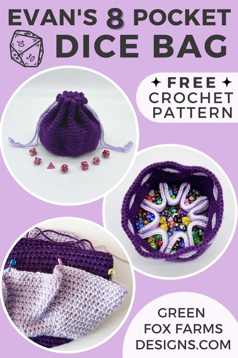 Multi Pocket Dice Bag Pattern, Mushroom Dice Bag Crochet Pattern, Dnd Dice Pouch Crochet, Crochet Amigurumi Dnd, Dice Pouch Crochet Pattern, D&d Crochet Dice Bag, Crochet Potion Bottle Dice Bag Free Pattern, Functional Crochet Patterns, Dice Bag Knitting Pattern