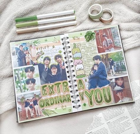 Kdrama Scrapbook Ideas, K Drama Journal, Kdrama Journal, Drama Journal, Bullet Journal Decoration, Friend Scrapbook, Whimsical Art Journal, Bullet Journal Cover Ideas, Bulletin Journal Ideas