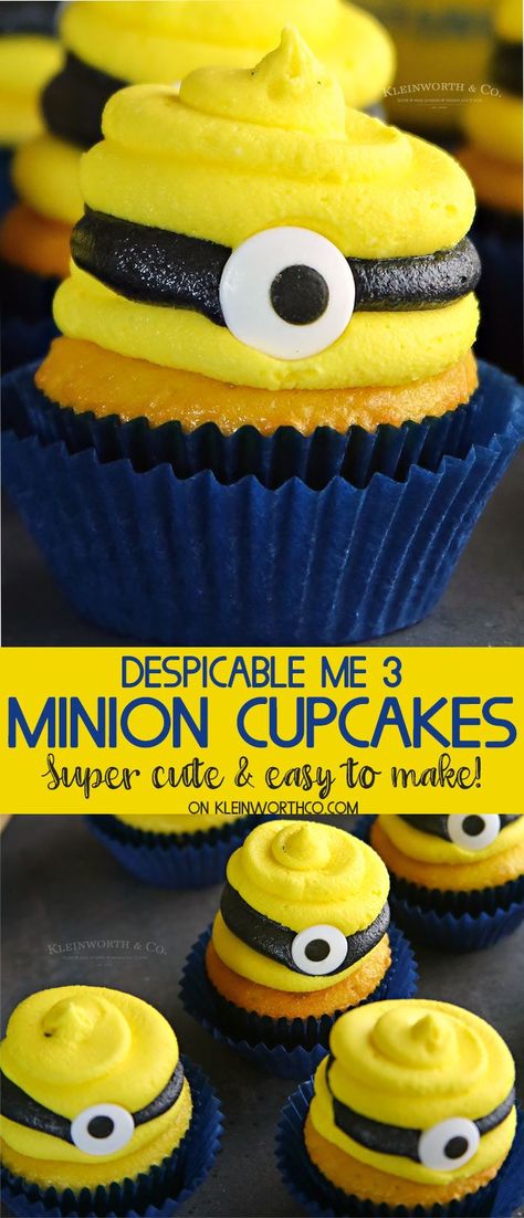 Despicable Me 3 Minion Cupcakes are the perfect for celebrating the release of the Despicable Me 3 Movie or hosting a Despicable Me themed party. Fun! via @KleinworthCo Despicable Me Cupcakes, Minions Cupcakes, Minion Cakes, Disney Cupcakes, Minions Birthday, Minion Cupcakes, Despicable Me 3, Minion Cake, Minion Birthday