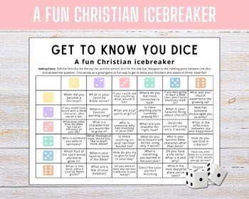 Christian Icebreaker, Get to know you game, Bible Game, Bible Icebreaker Ice Breakers For Bible Study For Women, Womens Bible Study Games, Bible Ice Breaker Games, Getting To Know You Dice Game, Sunday School Ice Breakers For Kids, Adult Bible Games, Ladies Bible Study Games, Get To Know You Games For Kids At Church, Bible Study Games Small Groups