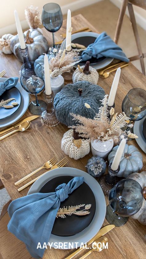 fall table design in gray, blue, ivory, with gold accents Blue And Ivory Kitchen, Blue And Grey Table Setting, Blue Gray Table Setting, Black And Blue Table Setting, Fall Blue Decor, Thanksgiving Blue Table Settings, Blue And Gold Fall Decor, Blue And Gray Fall Decor, Thanksgiving Table Settings Blue