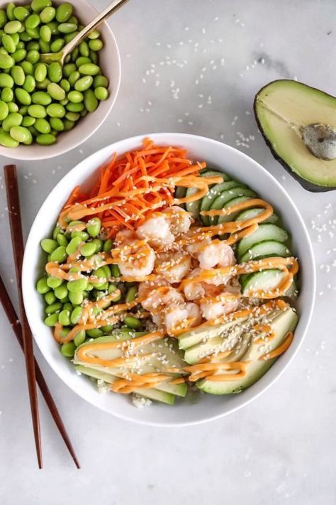 Shrimp Sushi Bowls With Cauliflower Rice - Dash of Mandi Sushi Bowl Meal Prep, Shrimp Sushi Bowl, Bowl Meal Prep, Shrimp Bowl, Meatless Dinners, Sushi Bowls, Shrimp Sushi, Asian Bowls, Cauli Rice