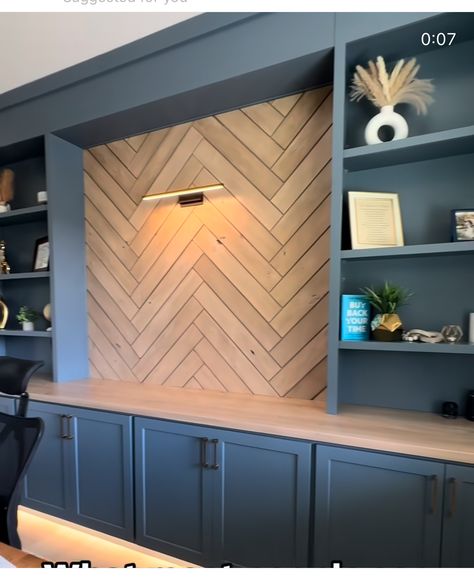 Modern Farmhouse Office Built Ins, Office Built Ins With Wallpaper, Built In Bookcases Office, Built In Media Wall With Desk, Mom Office Ideas, Built In Cubby Wall, Built In Shelves Playroom, Office Wall Built Ins, Office Built In Bookshelves