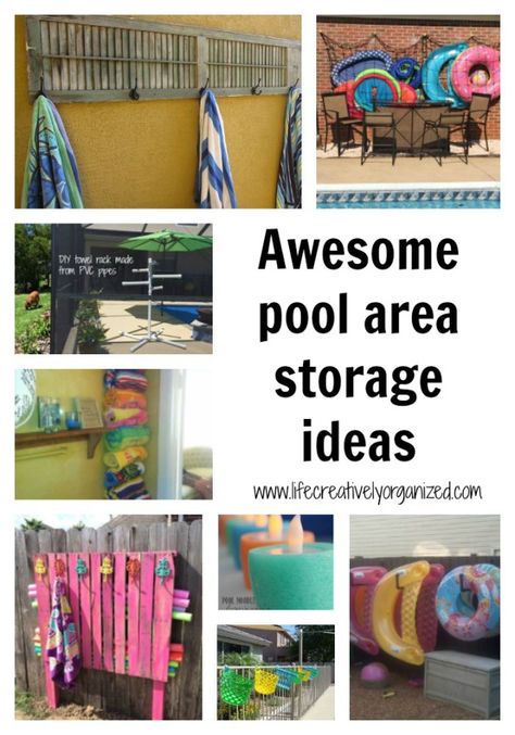 Looking for pool storage ideas? It's hot! If you have a pool, I bet it's getting a lot of use now. Here are awesome pool storage ideas to keep it organized! Beach Towel Storage Ideas, Pool Storage Ideas, Pool Towel Storage, Towel Storage Ideas, Beach Towel Storage, Pool Organization, Pool Float Storage, Pool Toy Storage, Pallet Pool