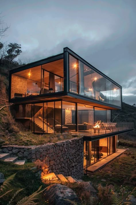 Glass-walled Façade Villa Glass Modern, Concrete And Glass House, Glass Front House, Modern House In Woods, Chalets Design, House Hillside, Farmhouse Design Exterior, House Built Into Hillside, Glass Beach House