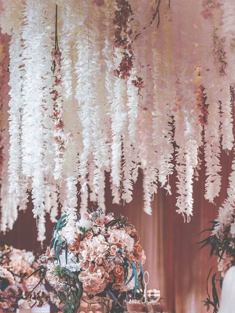 Hanging Bubbles Decor, Wisteria And Roses, Indoor Wedding Flowers, Dried Flower Ceiling, Hanging Wisteria Bedroom, Flowers Hanging From Ceiling Wedding, Enchanted Forest Wedding Decorations, Wildflower Wedding Decor, Party Ceiling Decorations