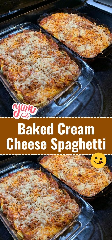 Make dinner easy with Baked Cream Cheese Spaghetti. This dish combines spaghetti, cream cheese, and a rich tomato sauce, baked to perfection. A family favorite. #CreamCheeseSpaghetti #BakedPasta #FamilyMeals Baked Cream Cheese Spaghetti Recipe, Spaghetti Pie With Cream Cheese, Creamy Baked Spaghetti With Cream Cheese, Baked Spagetti Recipe With Cream Cheese, Cream Cheese Spaghetti Bake, Baked Cream Cheese Spaghetti Casserole, Baked Spaghetti Recipe With Cream Cheese, Spagetti Casseroles Baked, Chicken Spaghetti With Cream Cheese