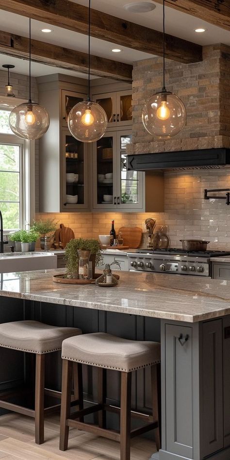 Accent Island Kitchen, Classy Kitchen Decor, Kitchen Remodel Dark, Interesting Kitchens, Modern Rustic Lighting, Kitchens With Islands, Colonial Kitchen Ideas, Traditional Modern Kitchen, Cabin Kitchen Ideas