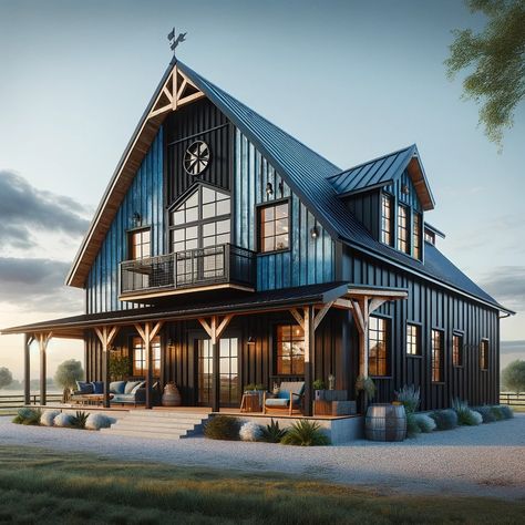 Blue and Black Barndominium - Barndo Build Plans Barndominium 4000 Sq Ft, Lakehouse Barndominium, Barniminium Homes Modern, Dark Colored Barndominium, Blue Barndominium, Dark Blue Barndominium, Gothic Barndominium, Blue Barndominium Exterior, 2 Story Barndominium