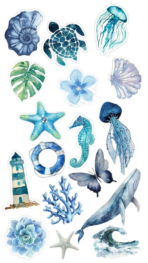 Png stickers sea, ocean Sea Journal Stickers, Florida Stickers Aesthetic, Scrapbook Sea Theme, Ocean Aesthetic Stickers, Sea Scrapbook Ideas, Ocean Themed Stickers, Under The Sea Graphic Design, Cute Stickers Printable For Journal, Drawing Stickers Ideas