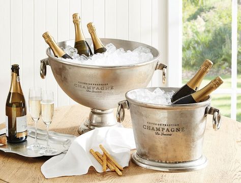 Creative Ways to Decorate with Champagne Buckets Wood Bar Cart, Barrel Bar, Butler’s Pantry, Champagne Cooler, Champagne Bucket, Wine Bucket, Built In Bar, Glass Front Cabinets, Bar Essentials