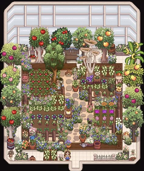 Stardew Garden Layout, Stardew Valley Foraging Farm Layout, Stardew Valley Fairycore, Stardew Greenhouse Layout, Aesthetic Stardew Valley Farms, Stardew Valley Aesthetic Farm, Stardew Valley Greenhouse Layout, Stardew Greenhouse, Stardew Valley Greenhouse