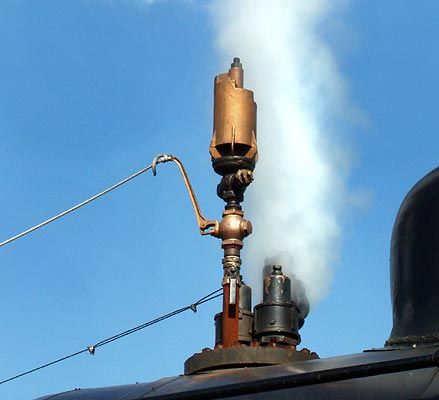 A train whistle, also known as an air whistle or steam trumpet, is an audible signaling device on a steam locomotive used to warn that the engine is approaching and to communicate with rail workers.  Whistles are necessary on locomotives because of their susceptibility to collision, due to their size and movement on fixed rails.  Steam whistles were often activated by a pull cord or lever permitting some form of expression, and it was usually evident by the sound who was operating the engine. Steam Whistle, Train Whistles, Value Painting, Old Steam Train, Train Whistle, Sewing Cabinet, Train Route, Scrap Art, Scenic Travel